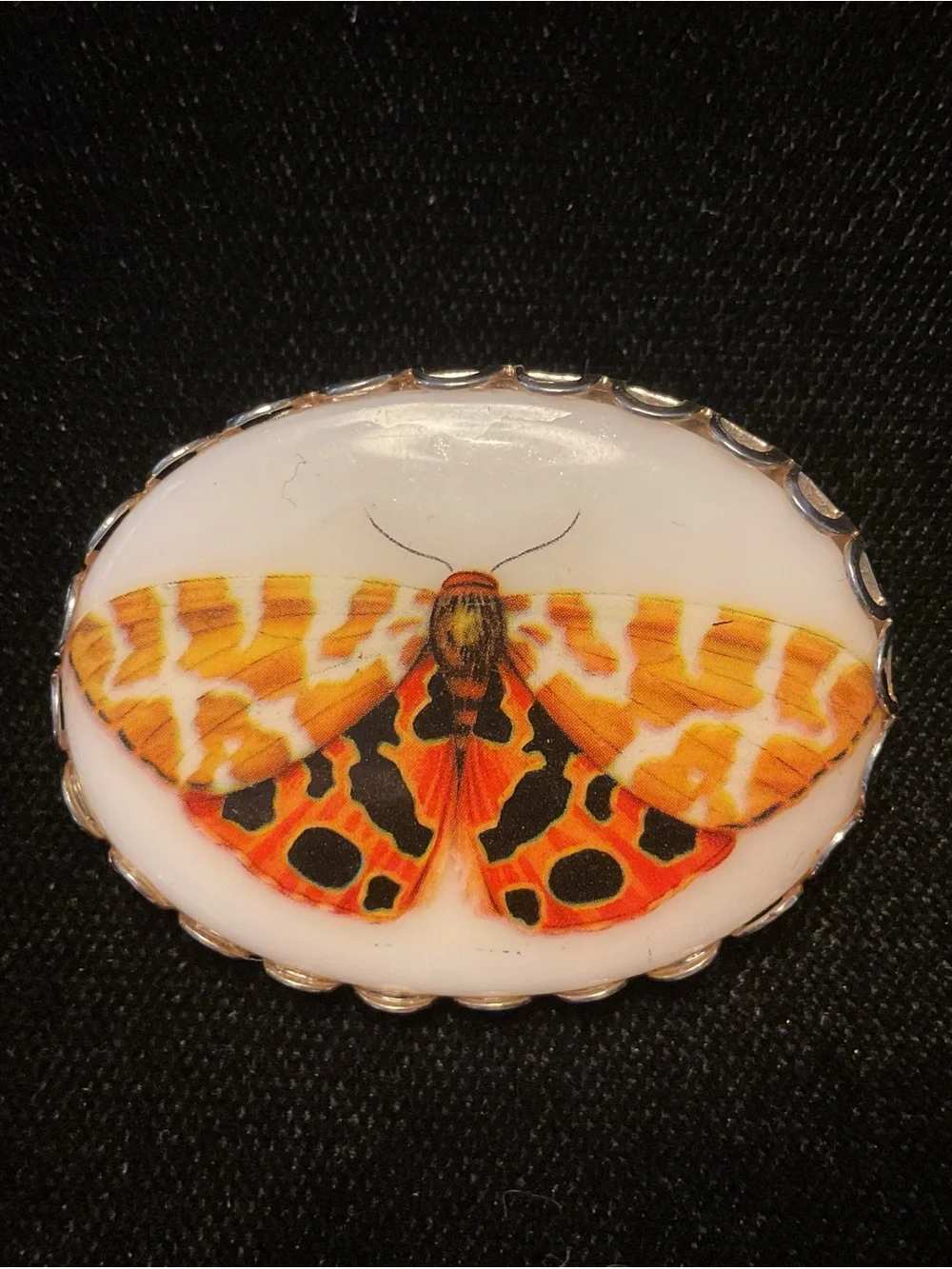 Vintage Orange and Black Moth Porcelain Brooch
